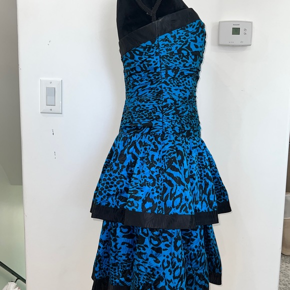 80s AJ Bari Blue and Black Animal Print Strapless Prom Party Dress - Picture 10 of 16